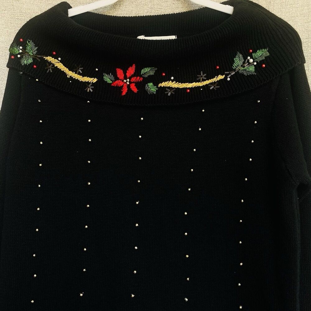 Beaded Victoria Jones Black Sweater Small Red Floral Holiday Cotton/Ramie Vtg